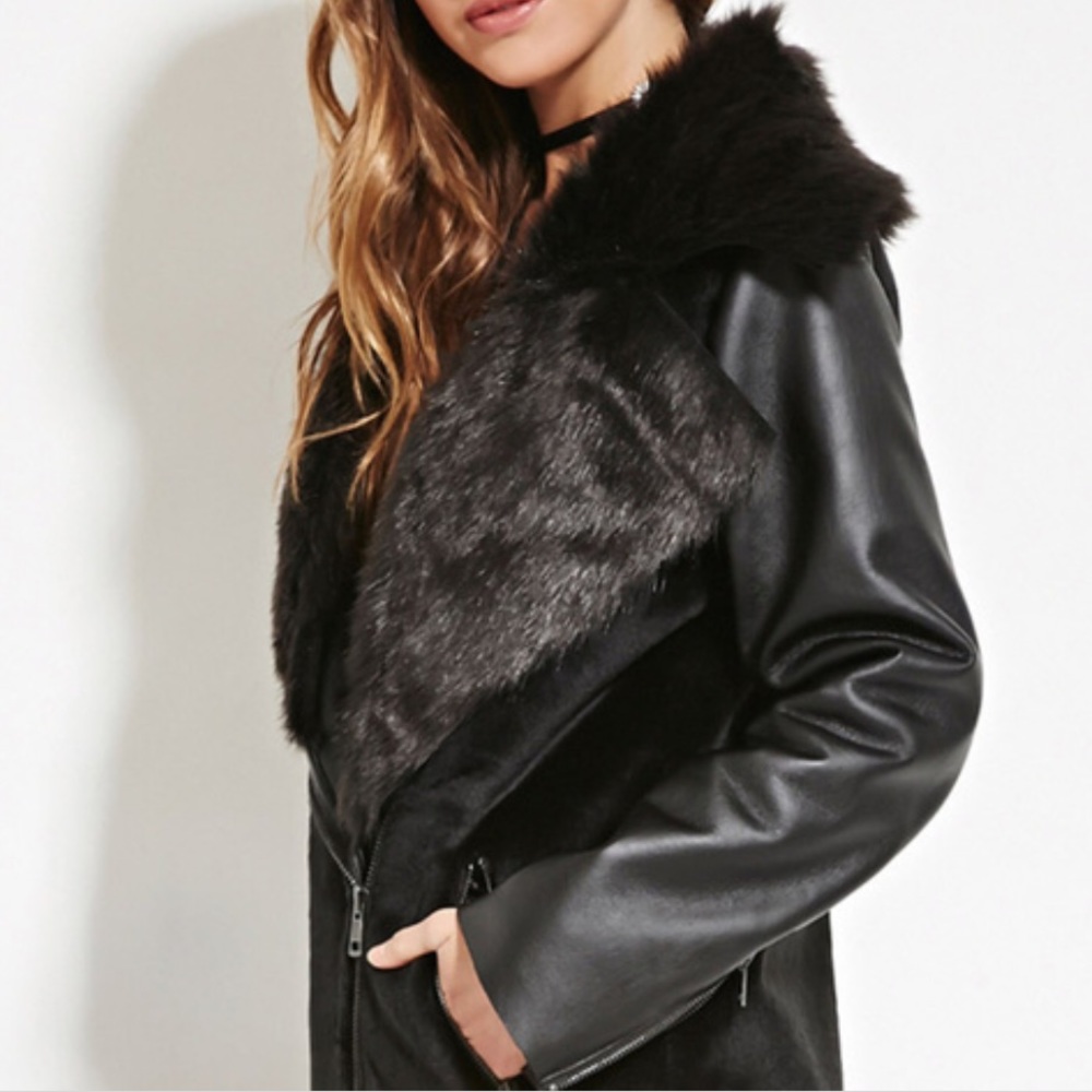 NWT black faux fur and leather jacket.